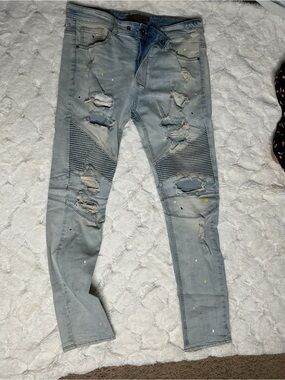 KDNK Light Grey Distressed Skinny Moto Jeans
